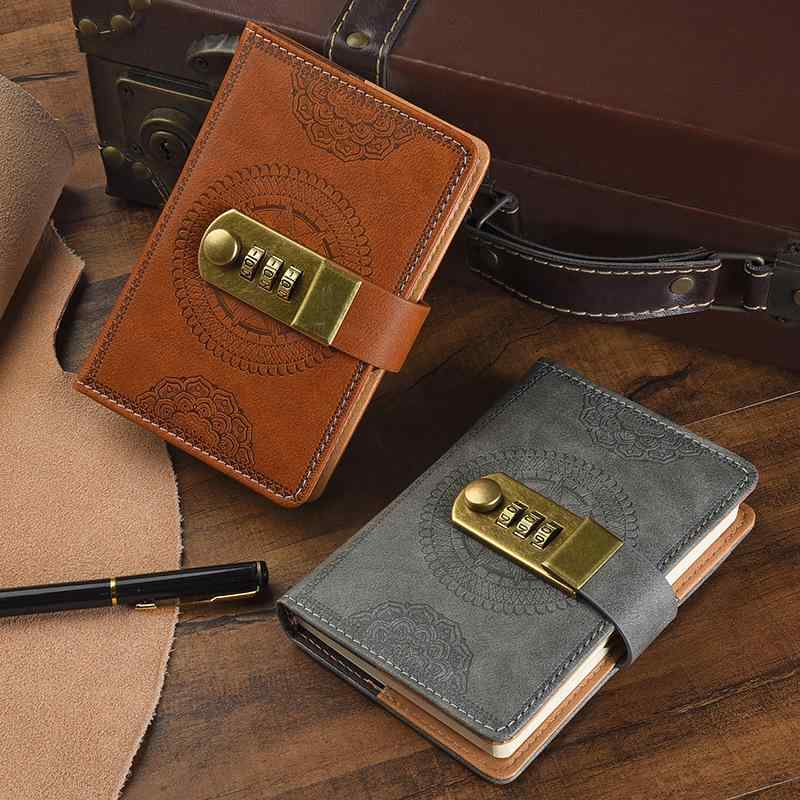 ノート 鍵付き ジルコニアルロック A7サイズ 小型 ポケットサイズ 携帯用 持ち運び 日記帳 メモ帳 手帳 家計簿 ビジネス 学習 プライベート レトロ アンティーク風 合皮 PUレザー 上質紙 多色展開