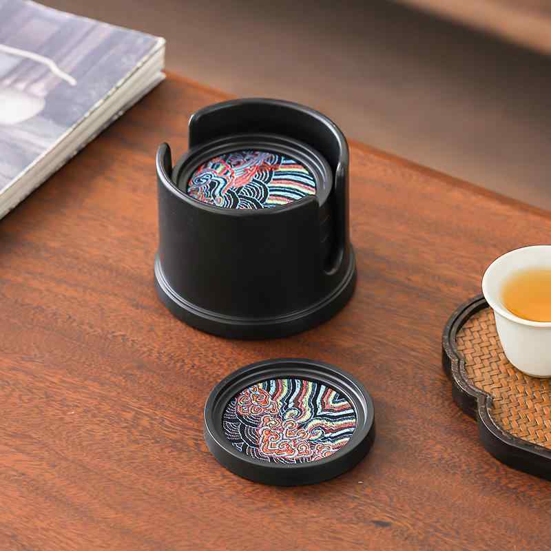 コースター 布製 吸水 速乾 新中華風 和モダン レトロ クラシック 断熱 耐熱 功夫茶 茶器 茶卓用 カップマット ブラック