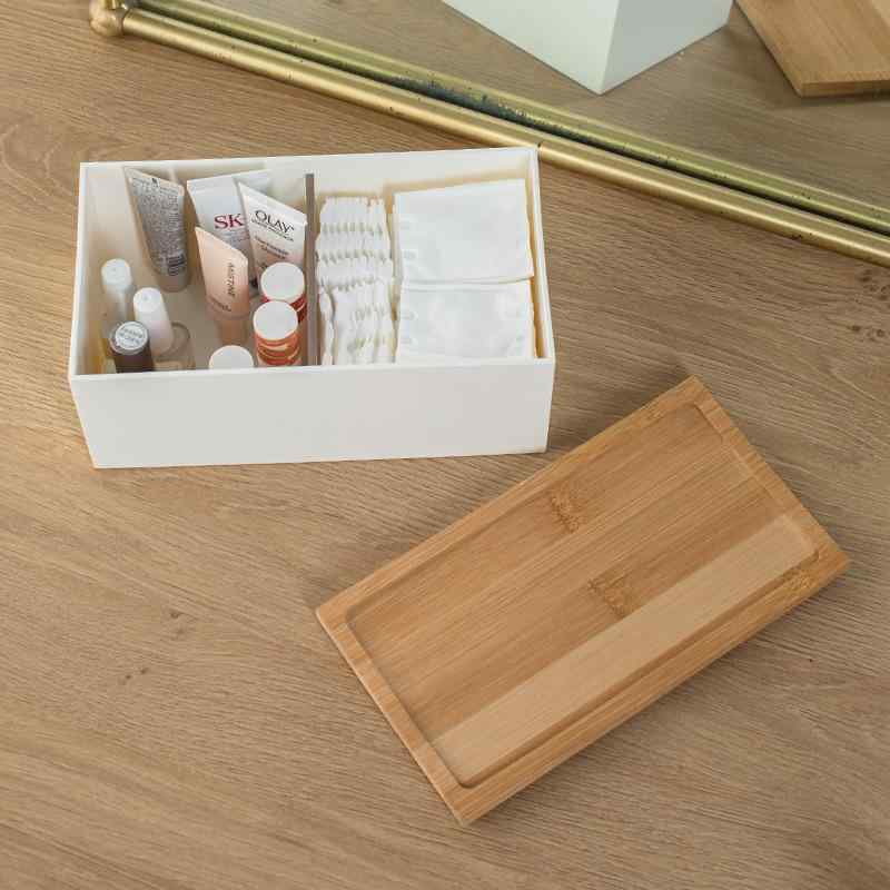 コスメ収納 卓上 メイクボックス 和風 シンプル おしゃれ 防塵 竹蓋 仕切り付き 小物入れ 整理ケース ..