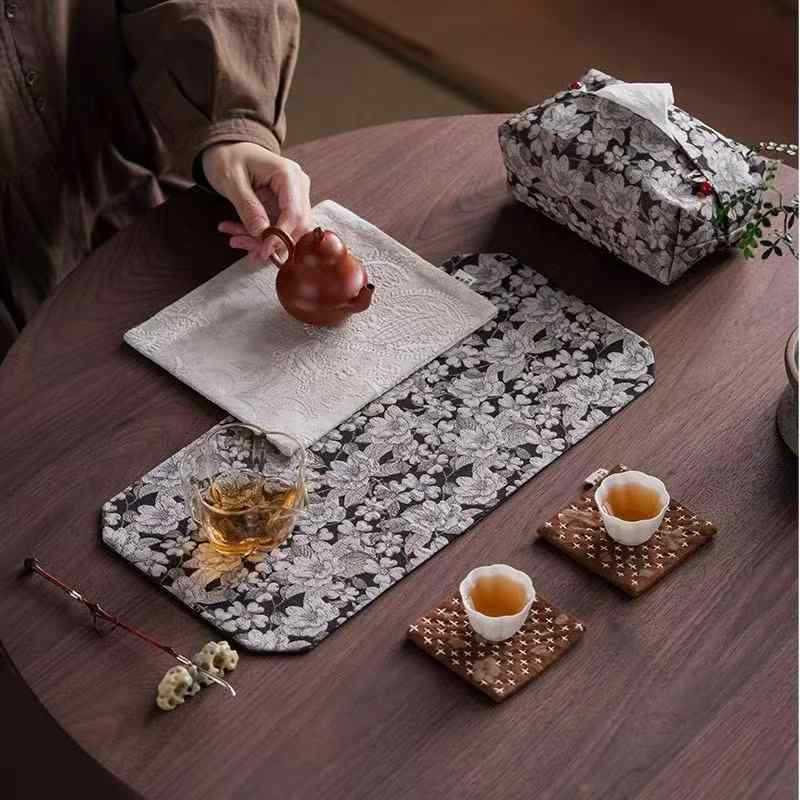 茶席 乾泡茶テーブルクロス 茶布 茶杯敷物 禅意テーブルランナー 新中華風 モダンアジア 花柄 華やか 布製 ファブリック 茶道 茶道具 お茶会 来客用 インテリア 癒し