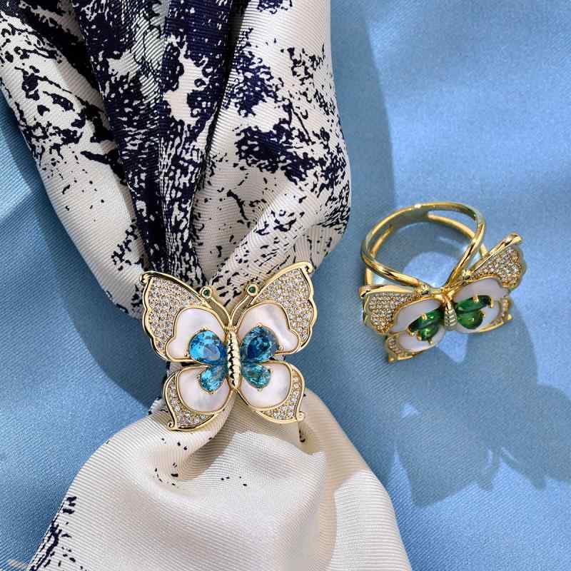 スカーフリング レディース アクアマリン 天然シェル 蝶モチーフ ジルコニア 銅製 スカーフ留め マフラ..