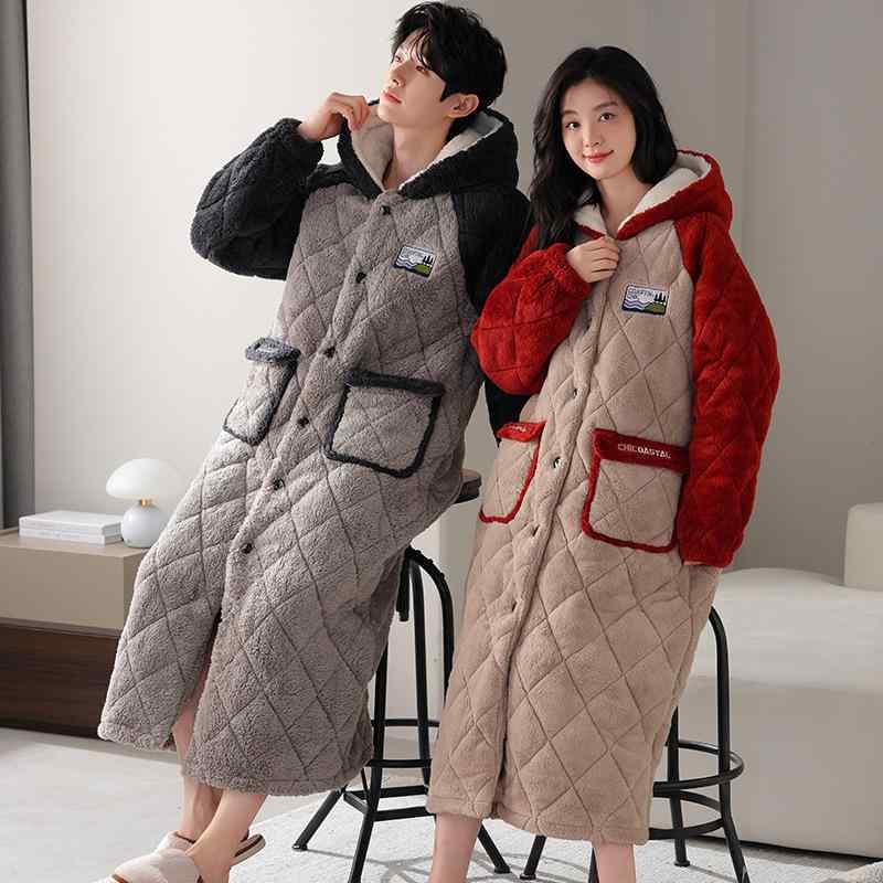 バスローブ メンズ フード付き 冬用 ロング丈 サンゴフリース フランネル 厚手 中綿入り 保温 ガウン ..