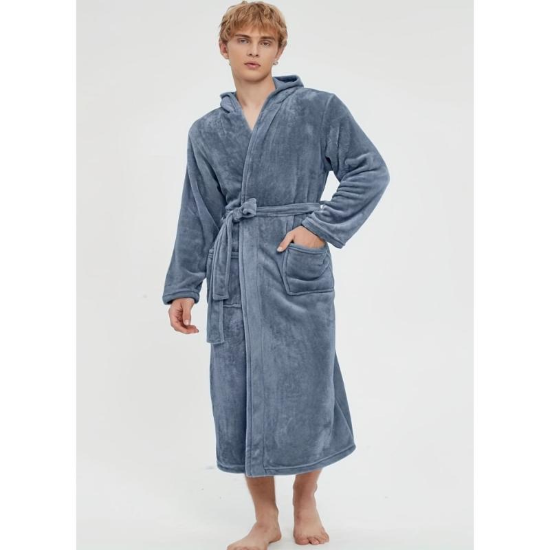 バスローブ メンズ 男性用 フランネル フリース ソフト 長袖 フード付き ポケット付き ウエストベルト ..