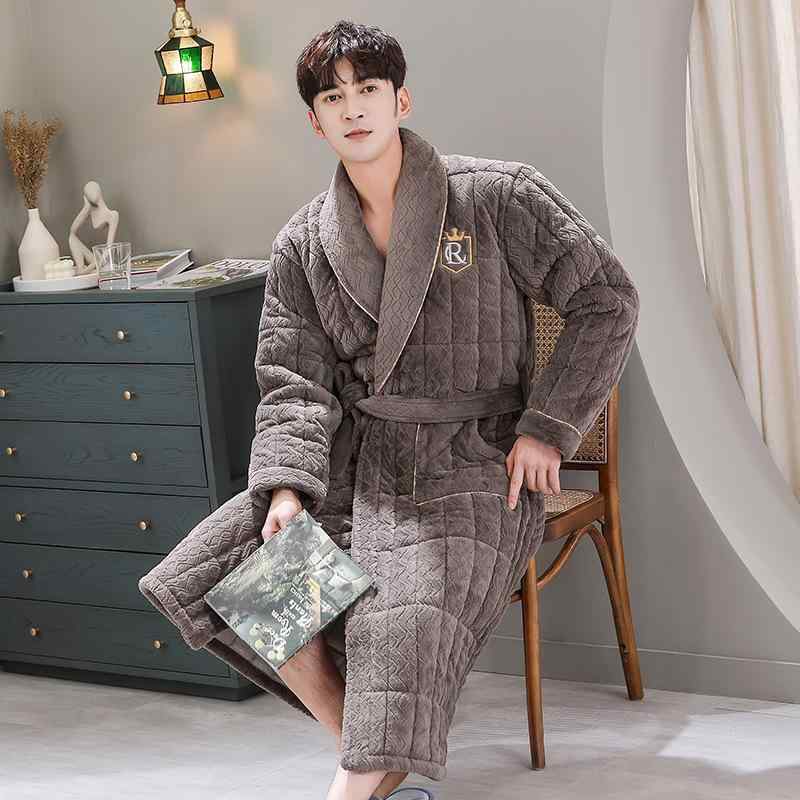 バスローブ メンズ 男性用 秋冬 三層 中綿入り サンゴフリース フランネル ポリエステル 厚手 保温 防..