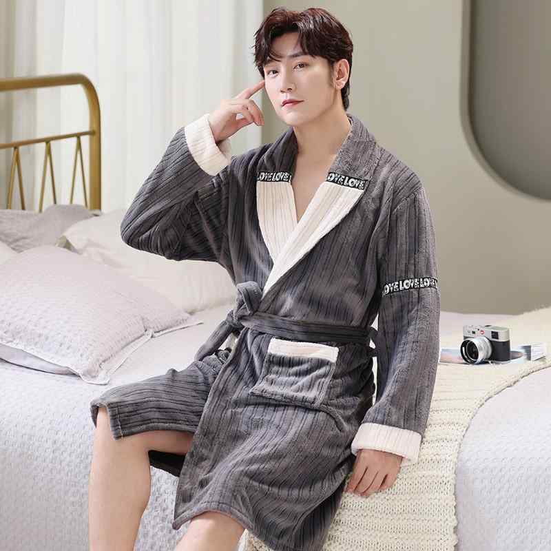 ローブ メンズ 秋冬 フランネル サンゴフリース 厚手 裏起毛 あったか ロング丈 ルームウェア バスロー..