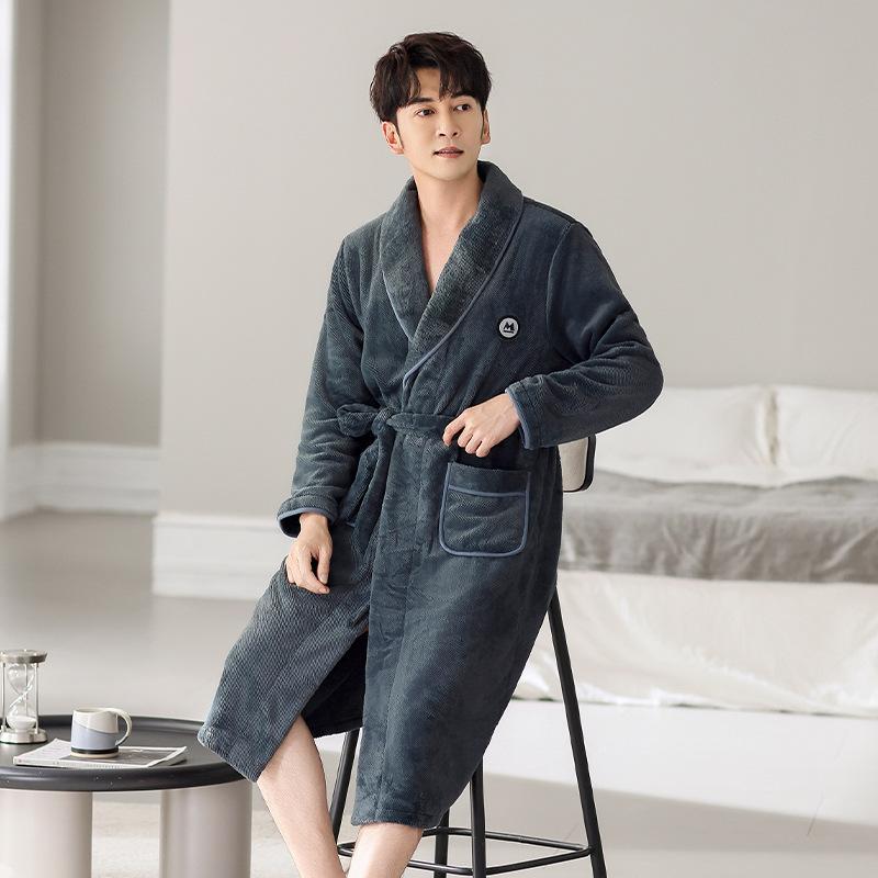 ガウン 男性用 メンズ 秋冬 ロング丈 フランネル サンゴフリース ポリエステル 超厚手 裏起毛 保温 あ..