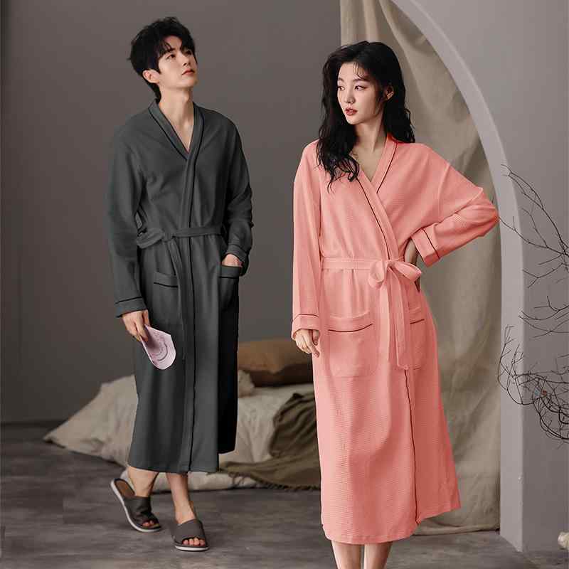 バスローブ カップル 男女兼用 秋冬 ワッフル 綿100% コットン ナイトガウン 寝巻き パジャマ ルームウ..