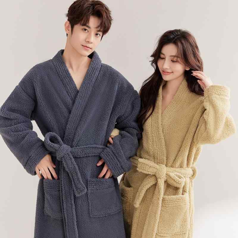 バスローブ カップル ペア 男女兼用 秋冬 フランネル サンゴフリース フリース 厚手 ロング丈 パジャマ..