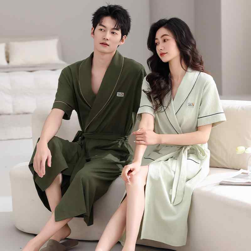 ガウン カップル ペア 男女兼用 純綿 コットン 半袖 和式 バスローブ パジャマ 寝巻き ルームウェア 部..