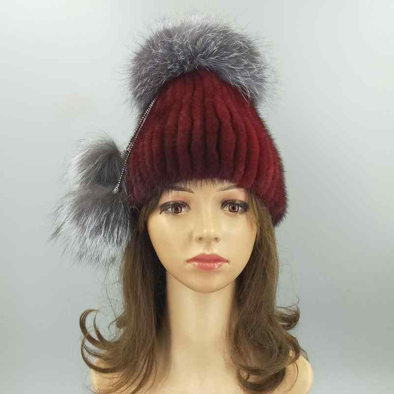 ニット帽 ミンクファー シルバーフォックス ボンボン 厚手 毛糸 保温 防寒 ファッション ヘッドカバー 秋冬 伸縮性 ゆったり つば無し ハイクラウン ブラック ワインレッド ダークグレー(4)