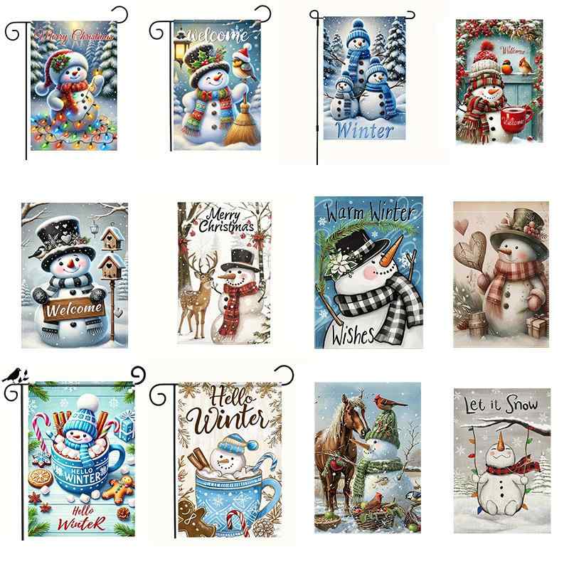 フラッグ クリスマス ガーデン 庭用 屋外用 雪だるま 車 ツリー オーナメント柄 リネン 麻 丈夫な 両面..