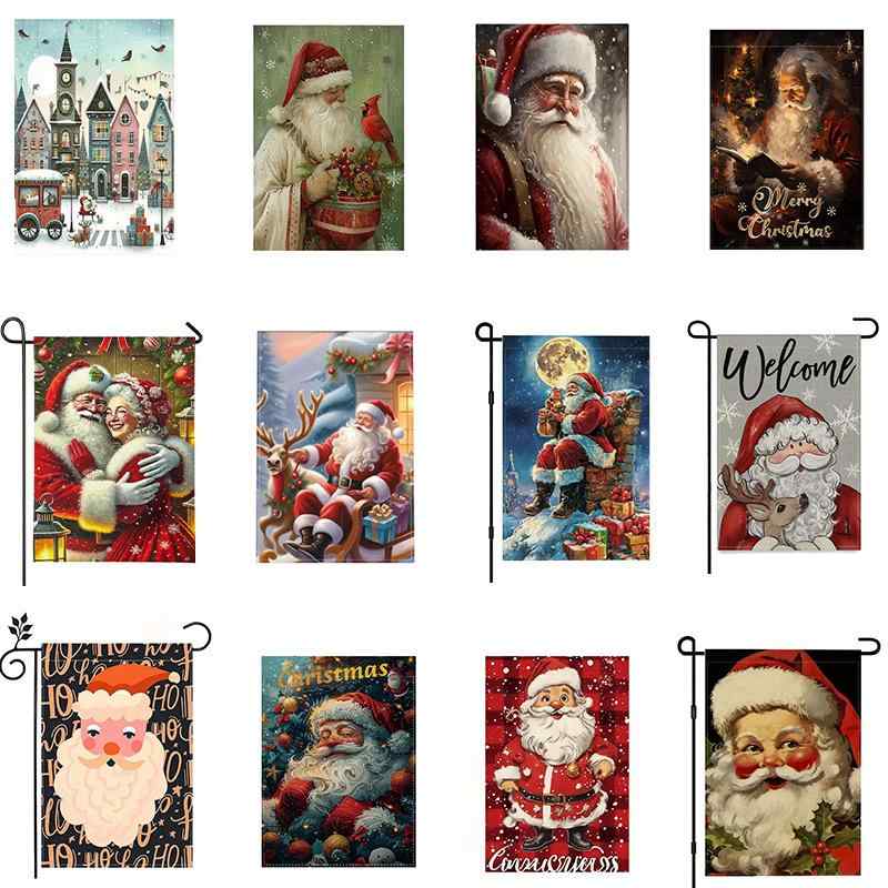 ガーデンフラッグ クリスマス サンタクロース リネン プリント柄 アウトドア 玄関 デコレーション タペ..