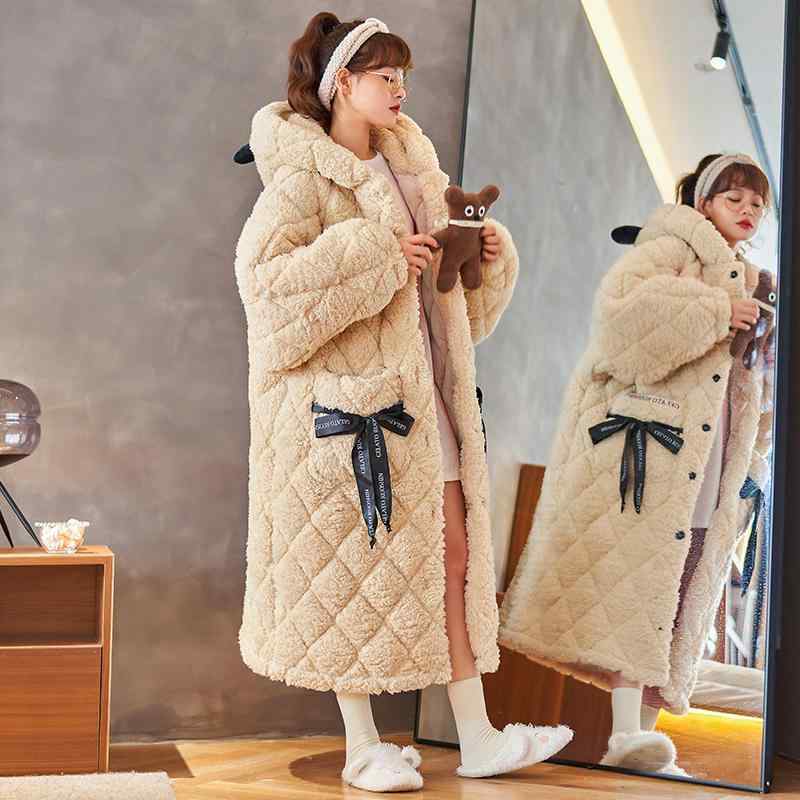 ルームウェア レディース 冬用 サンゴフリース フランネル 中綿入り 厚手 3層 保温 あたたかい ガウン ..