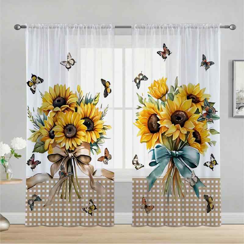 レースカーテン シアーカーテン 2枚組 ひまわり 向日葵 花束 ブーケ 蝶 バタフライ デザイン 半遮光 目隠し ポリエステル 寝室 ベッドルーム 浴室 バスルーム リビング 窓 装飾 インテリア雑貨(3)