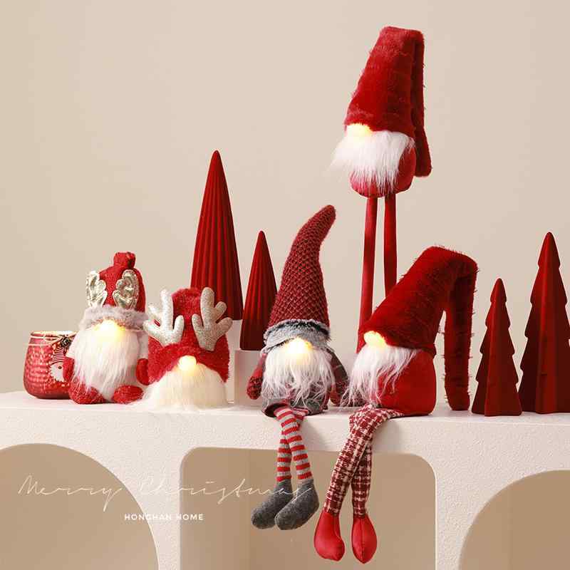 クリスマスデコレーション レッド系 ライト付き ドール マスコット 置物 卓上 ショーケース カウンター ディスプレイ 新年 お正月 イベント