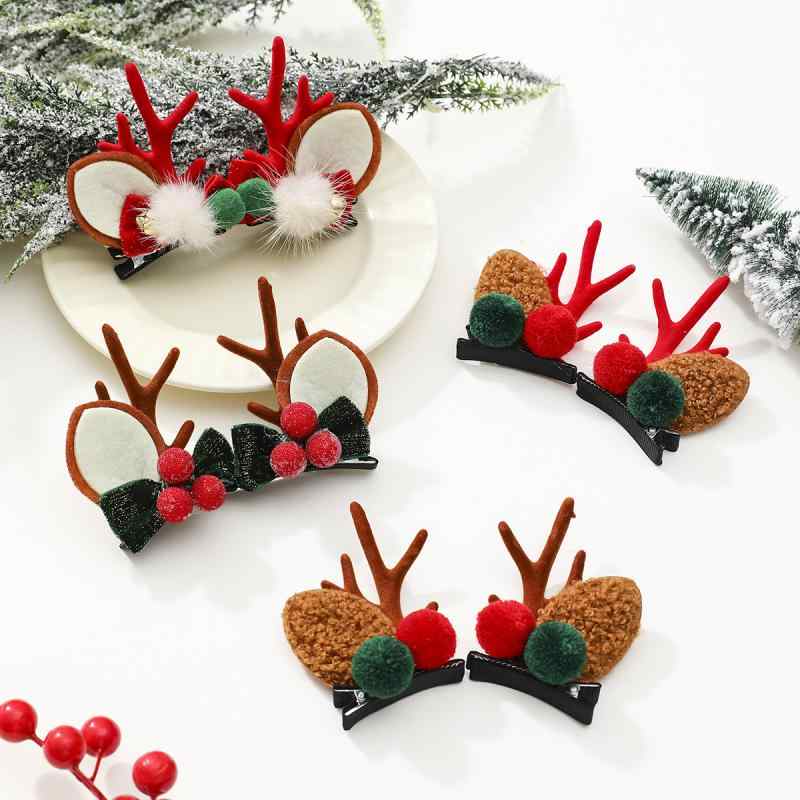ヘアアクセサリー 女の子 クリスマス 鹿角 トナカイ角 ヘアクリップ ポンポン付き プラスチック製 白 ..