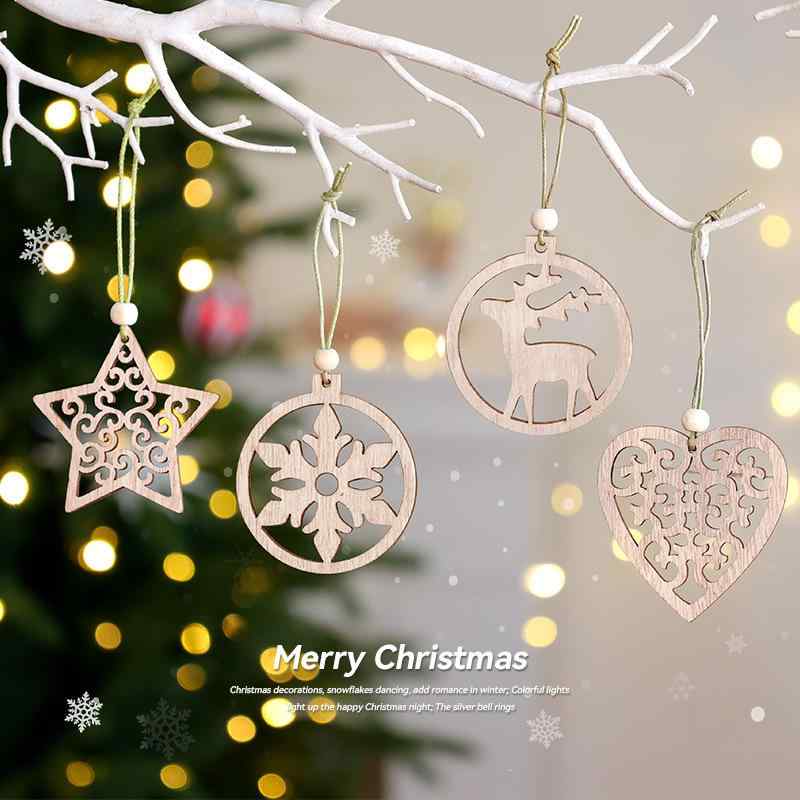 クリスマス飾り レトロ アンティーク調 木製 ナチュラルウッドカラー エンジェル ハート スター 雪の結晶 トナカイ 丸型 オーナメント クリスマスツリー デコレーション 吊り下げチャーム 12個セット