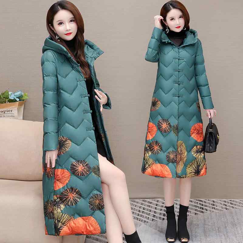 楽天花りぼんダウンコート レディース 女性用 ミセス ロング丈 ひざ下丈 フード付き スリムフィット プリント柄 ダウン ポリエステル 上品 カジュアル 通勤 アウター 秋冬 ネイビー レッド ブラック