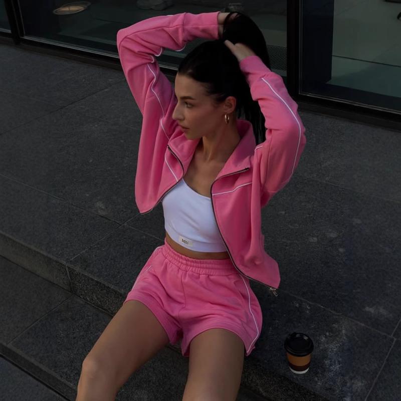 カジュアルセットアップ レディース 長袖 ジップアップ 襟付き トップス ウエストゴム ショートパンツ ..