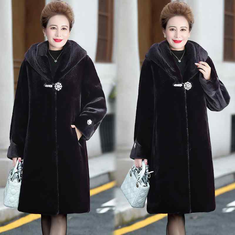 コート レディース ママ 女性用 中高年 ミンクファー 毛皮 ロング丈 フード付き 大きいサイズ ゆったりサイズ 高級感 上品 エレガント 暖かい 防寒 ポケット付き 長袖 通勤 オフィス お出かけ 普段使い 冬 秋冬 ブラック 黒 パープル 紫