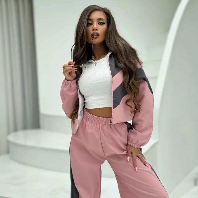 セットアップ レディース 女性用 欧米風 ストリート ファッション カジュアル リラックス ゆったり ルーズフィット オーバーサイズ 切り替え バイカラー 配色 長袖 ジップアップ トップス ロングパンツ 上下セット スポーツ トレーニング 普段使い 部