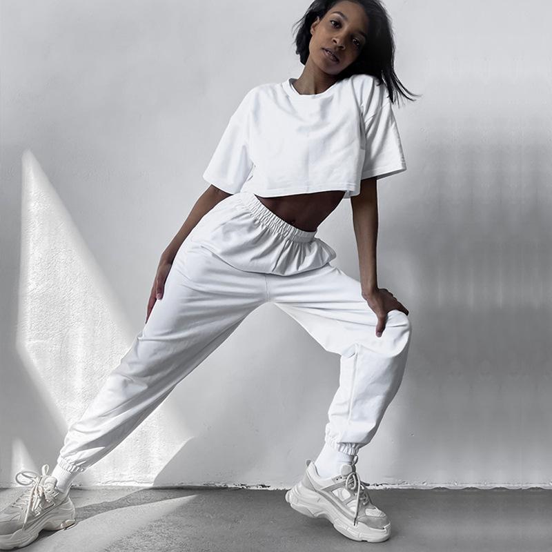 セットアップ レディース 女性用 春夏 欧米風 セクシー クロップド丈 半袖トップス Tシャツ ロングパンツ 長ズボン 2点セット 無地 綿混 ポリエステル カジュアル ストリートファッション 普段使い リラックスウェア 白 グレー 黒 キャメル