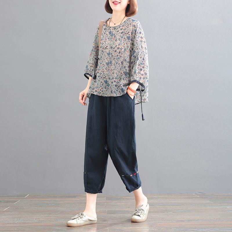 パンツセットアップ レディース 韓国風 花柄プリント ゆったり 体型カバー 大きいサイズ 綿麻 コットンリネン 春夏 おしゃれ カジュアル