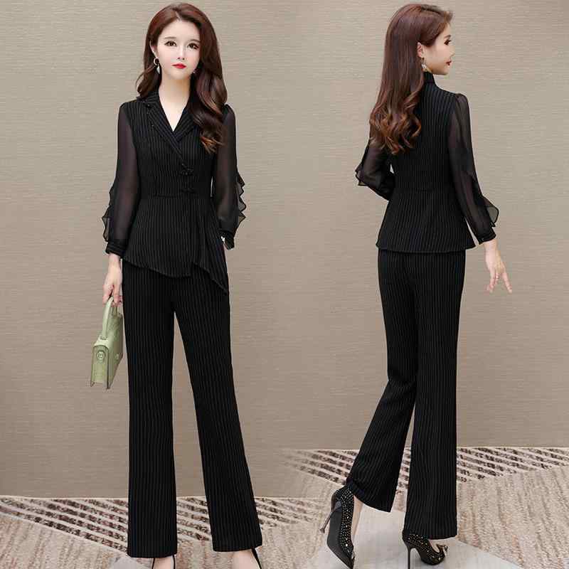 パンツ セットアップ レディース ストライプ柄 スリムフィット タイト 韓国風 エレガント 上品 通勤 オフィス ママ 母親 中高年 秋冬 フリルデザイン 切り替え 長ズボン 2点セット ポリエステル