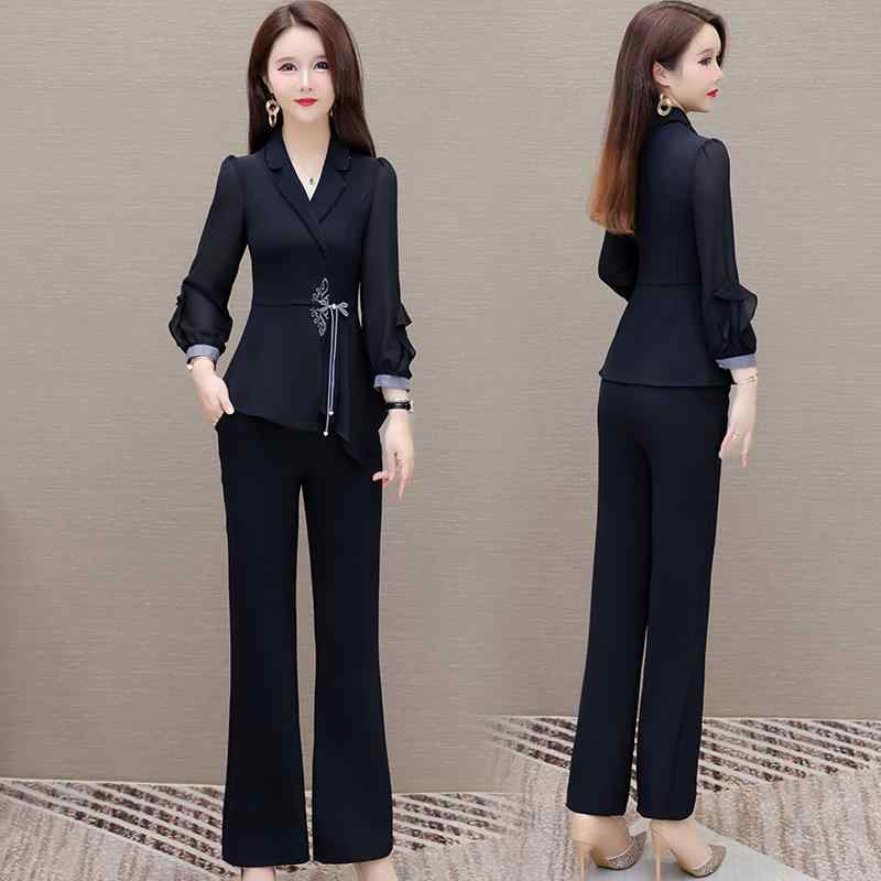 パンツセットアップ レディース 秋 韓国風 きれいめ 大人カジュアル 通勤 オフィス エレガント スリムフィット 長袖 上下セット ポリエステル ネイビー ロングパンツ