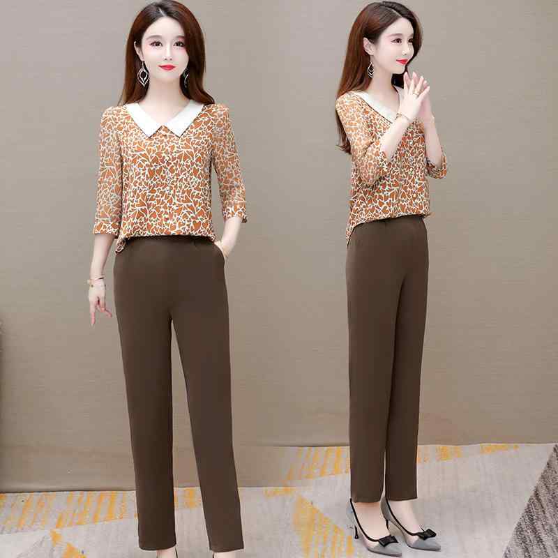 パンツセットアップ レディース 秋冬 エレガント 上品 気品 高見え 韓国風 スタイルアップ 体型カバー 低身長 小柄向け 2点セット 通勤 オフィス ポリエステル 切り替え 七分袖 ブラック ブラウン系