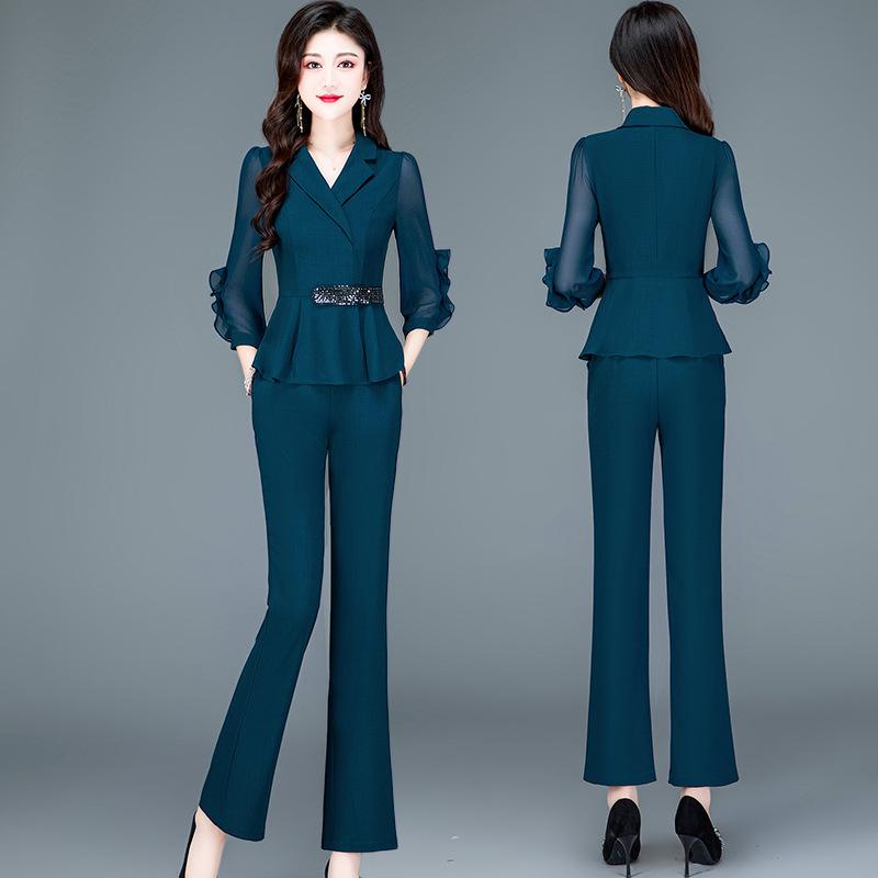 セットアップ レディース 女性用 きれいめ カジュアル エレガント 上品 スリムフィット 切り替え 秋 ツーピース 九分丈袖 長ズボン ポリエステル 無地 通勤 オフィス 普段使い ブルー ブラック