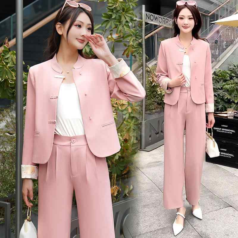セットアップ レディース 女性用 秋冬 エレガント 上品 韓国ファッション スリムフィット 体型カバー 通勤 オフィス カジュアル パンツ ツーピース 2点セット ポリエステル ブラック ピンク系 トレンド