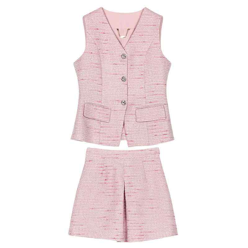 セットアップ レディース Vネック ベスト ジレ ツイード プリーツ ミニ丈ボトムス ストロベリーピンク 春夏 カジュアル きれいめ お出かけ