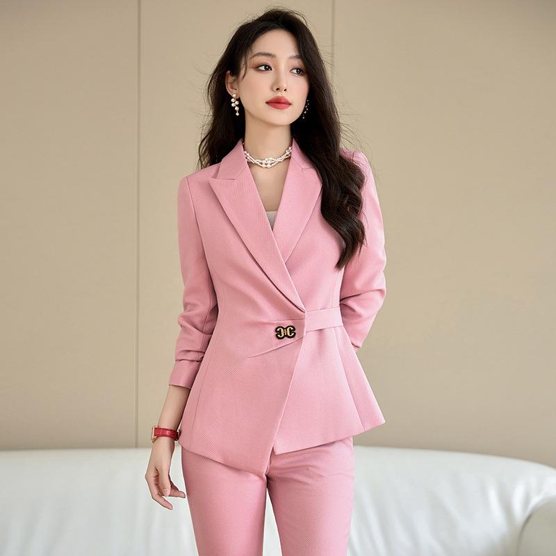 スーツ レディース セットアップ 韓国風 デザイン ウエストシェイプ ジャケット ロングパンツ 2点セット 秋 オフィス ビジネス 通勤 フォーマル 上品 エレガント 無地 ポリエステル 長袖