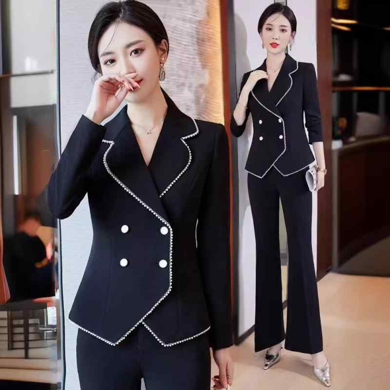 セットアップ レディース パンツスーツ ダブルブレスト テーラードジャケット 無地 ポリエステル 秋冬 エレガント きれいめ 通勤 オフィススタイル