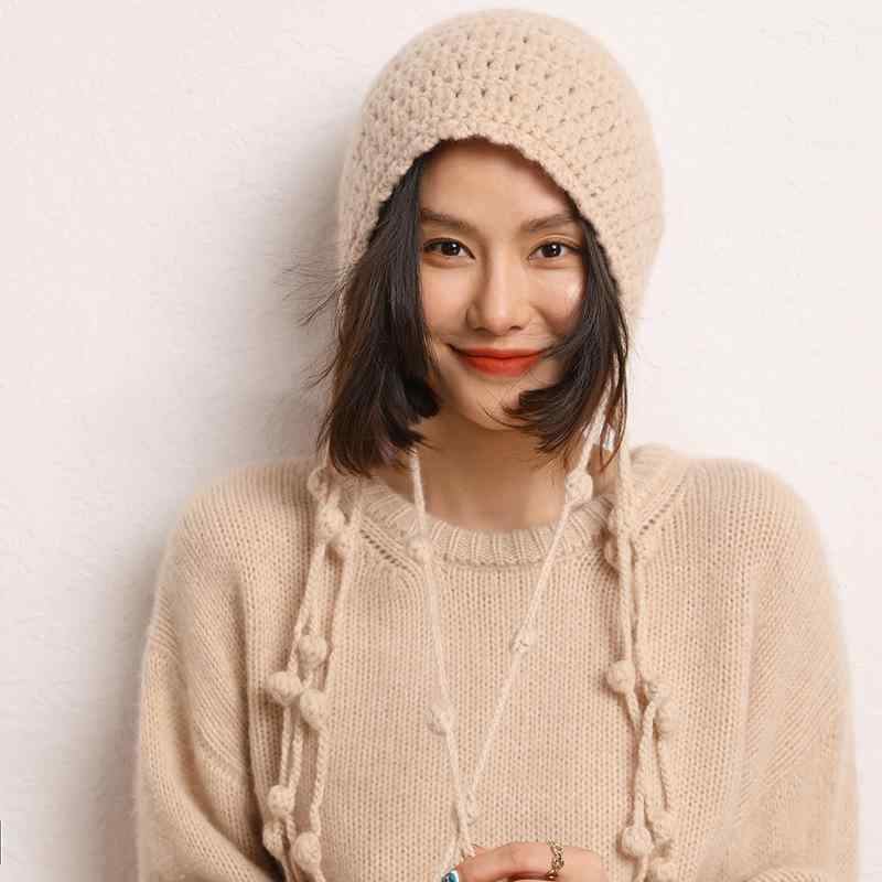 ニット帽 レディース ソフトカシミヤ 手編み ハンドメイド 厚手 肉厚 あったか 保温 防寒 透かし編み ..