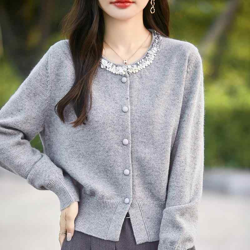 ニットカーディガン レディース 秋冬 ラクーンウール 厚手 クルーネック 長袖 襟元スパンコール ゆった..