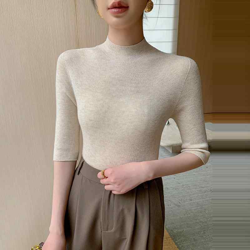 ニット レディース 春夏 精紡ウールブレンド シームレス モックネック 長袖 スリムフィット 細見え 無..