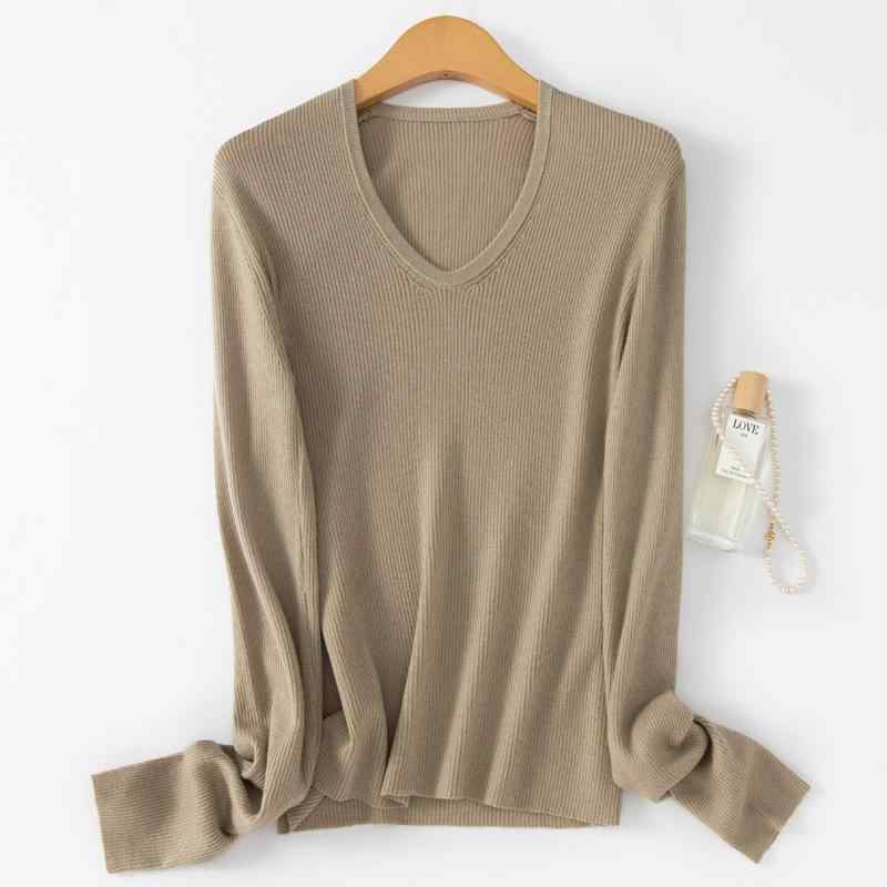 ニット レディース 秋冬 上質ウール Vネック 長袖 リブ編み プルオーバー 無地 ゆったり ミドルゲージ ..