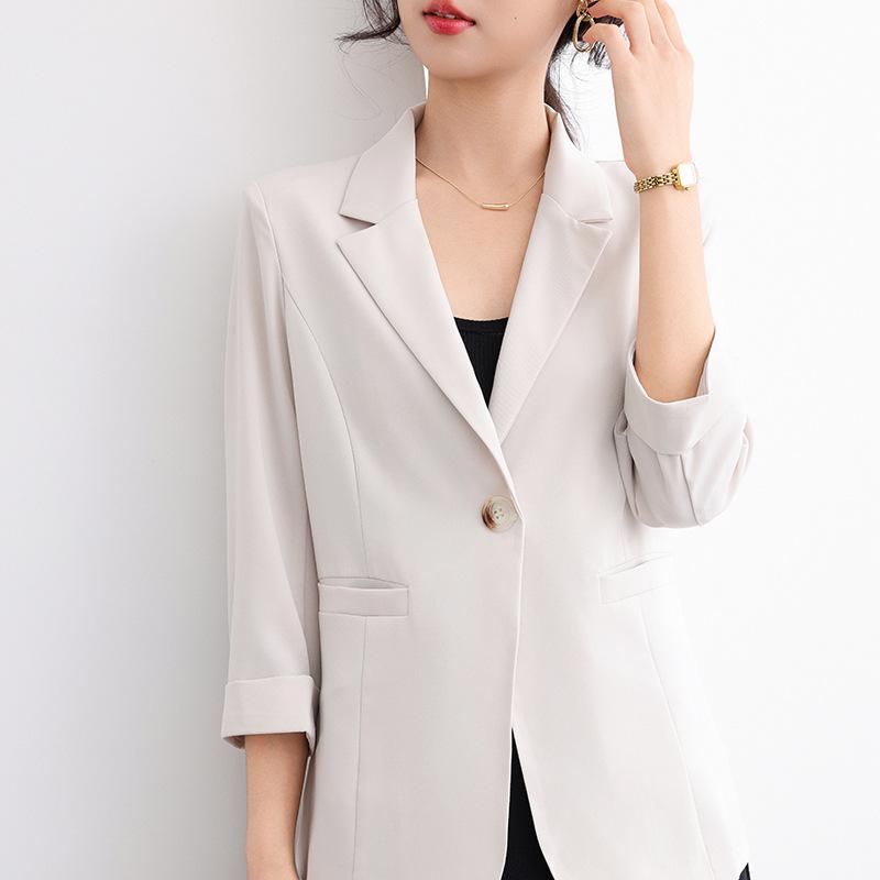 ジャケット レディース 春 七分袖 無地 ゆったり シルエット デザイン ワンボタン テーラードカラー サテン調 ポリエステル アウター 通勤 オフィス カジュアル きれいめ