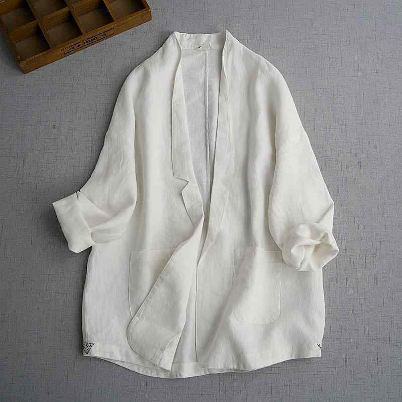 テーラードジャケット レディース 大きいサイズ オーバーサイズ 純欲風 上品 コットンリネン 麻混紡 九分袖 ダブルブレスト パフスリーブ フリルネック 無地 春夏 アウター オフィス カジュアル