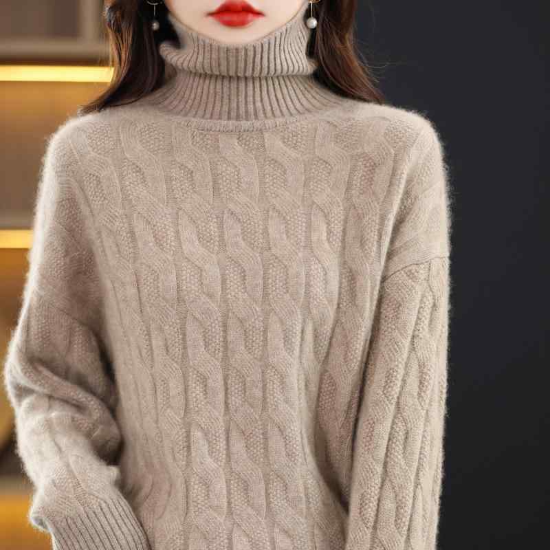 セーター レディース 秋冬 純羊毛 ウール タートルネック ハイネック 長袖 ロングスリーブ ケーブル編..