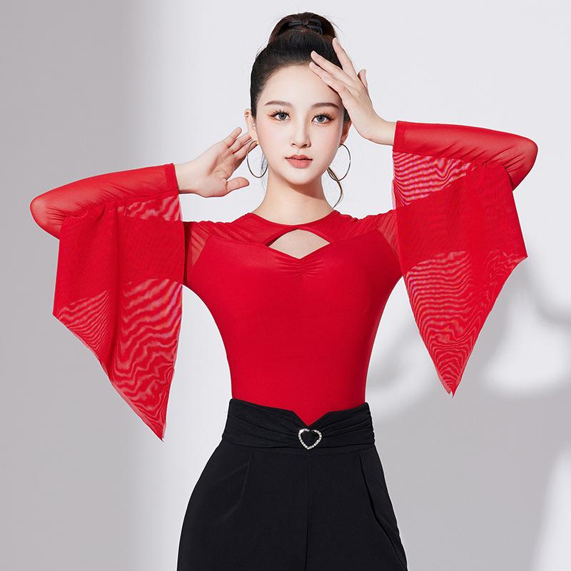 ダンスウェア レディース 大人用 社交ダンス ラテン ワルツ モダン メッシュ 長袖 トップス 練習着 レ..