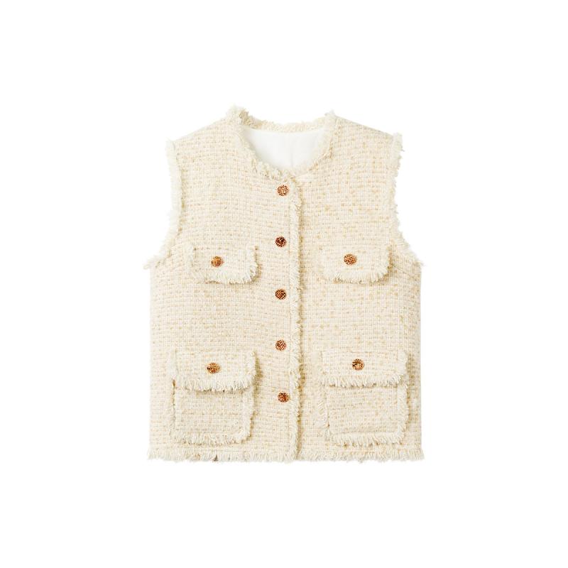 ベスト レディース オートミール ベージュ フリンジ ツイード ウール混 ジレ 編み込み 上品 エレガント..