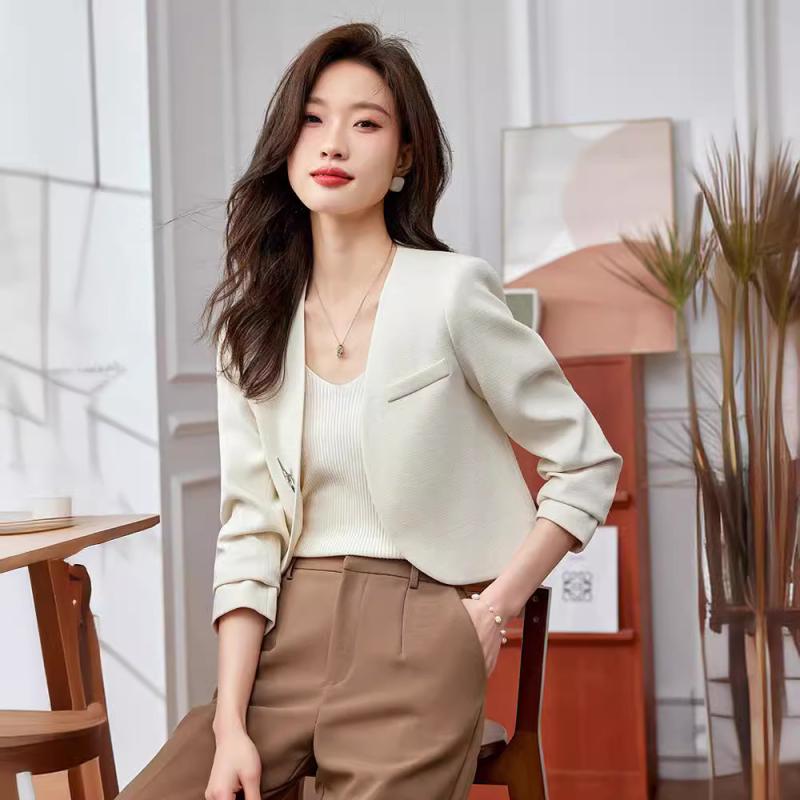 ジャケット レディース 女性用 春秋 ノーカラー ショート丈 長袖 スリムフィット オープンフロント 羽..