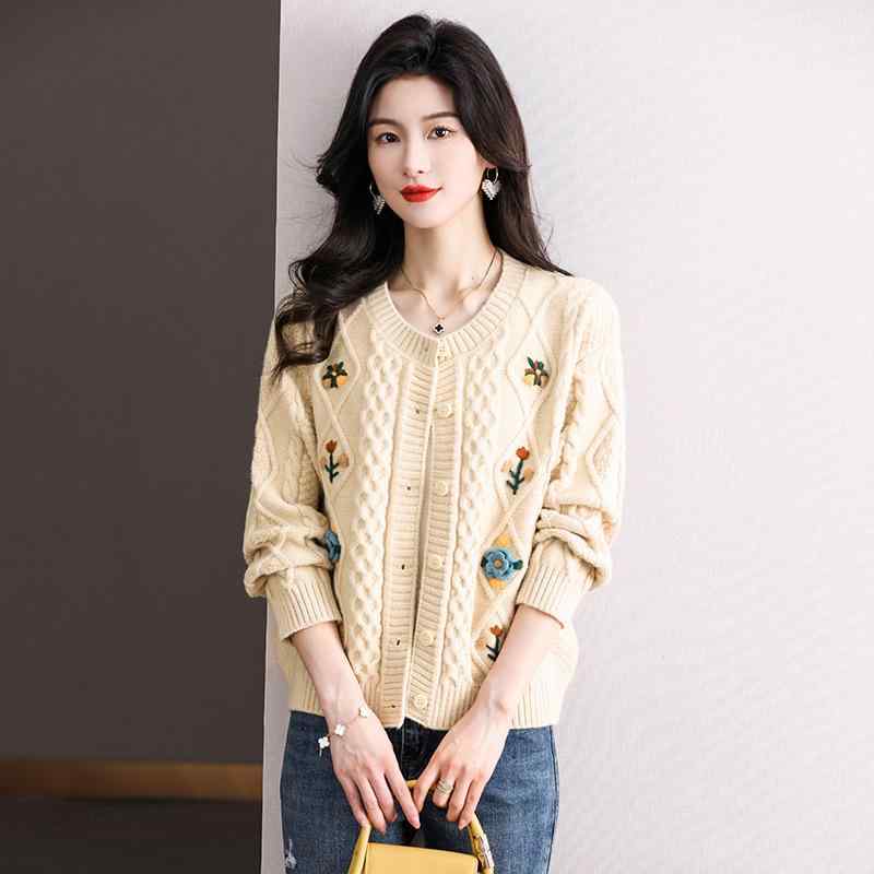 カーディガン レディース レトロ 刺繡 フェミニン かわいい ニット 花柄 ポリエステル アクリル ショー..
