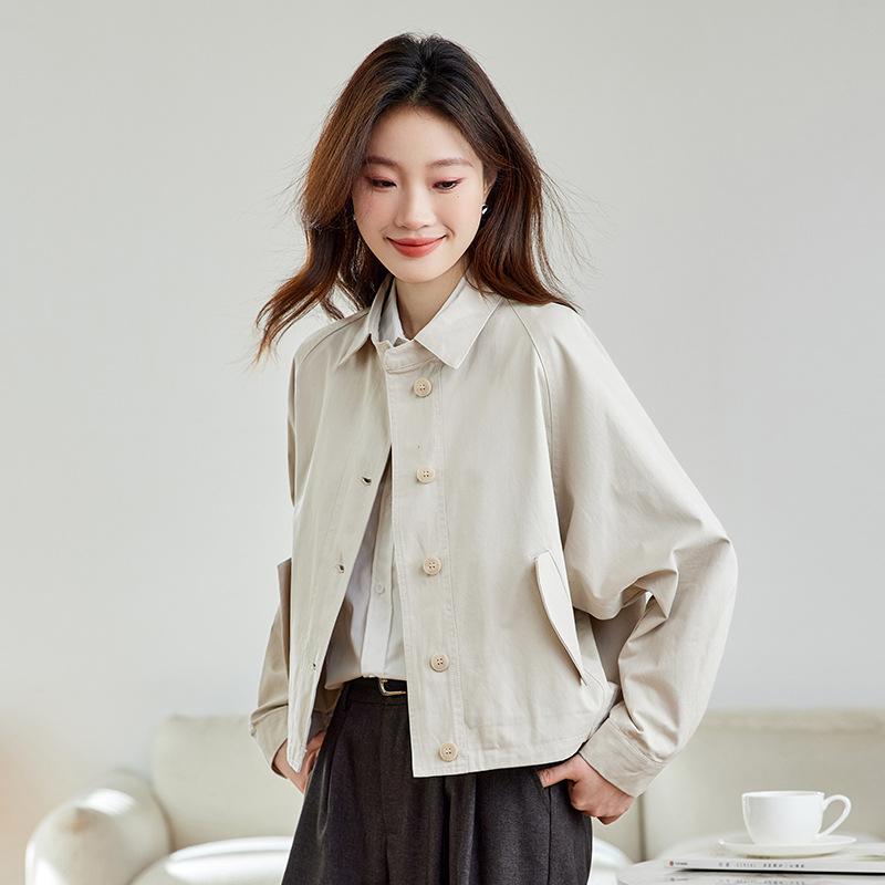 ジャケット レディース 襟付き ショート丈 スプリングコート アウター 春夏 綿 ゆったり オーバーサイズ 低身長向け カジュアル きれいめ 上品 エレガント 長袖 ベージュ 切り替え 着回し