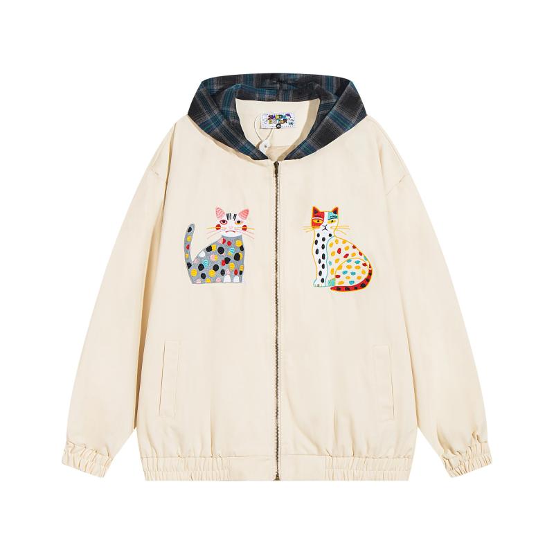 ジャケット メンズ レディース フード付き ジップアップ 猫 刺繡 かわいい ゆったり オーバーサイズ アウター 春秋 カジュアル ペアルック 綿 コットン ポリエステル 通気性 ブラック ベージュ