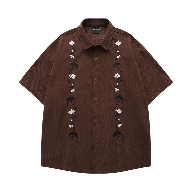 シャツ 男女兼用 ユニセックス ペア コーデュロイ 半袖 開襟 ツバメ刺繍 ゆったり オーバーサイズ アメ..