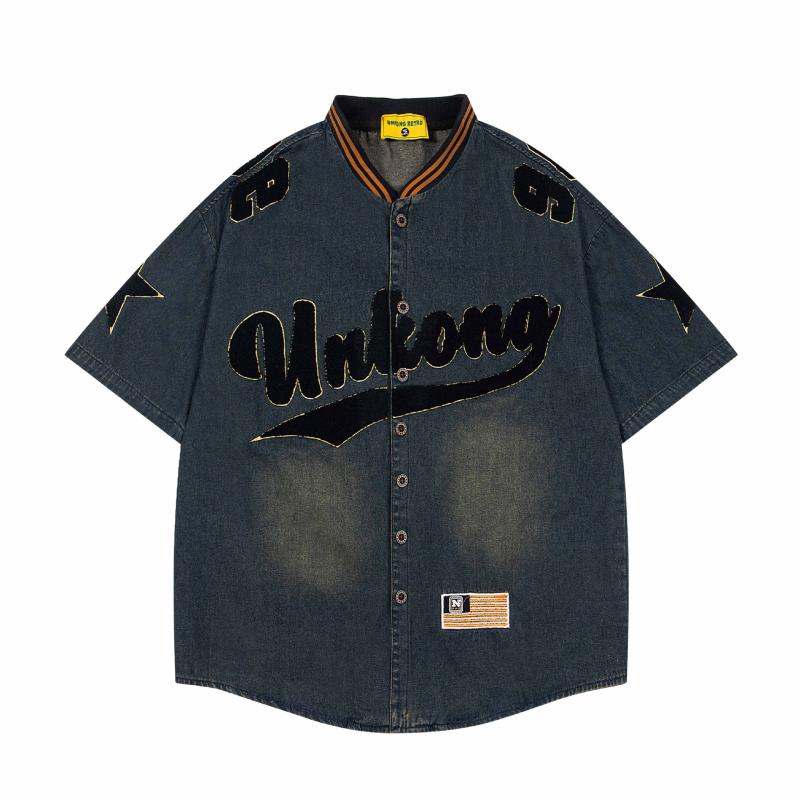 シャツ メンズ レディース 男女兼用 アメリカン レトロ デニム コットン タオル刺繍 ロゴ ビッグシルエ..